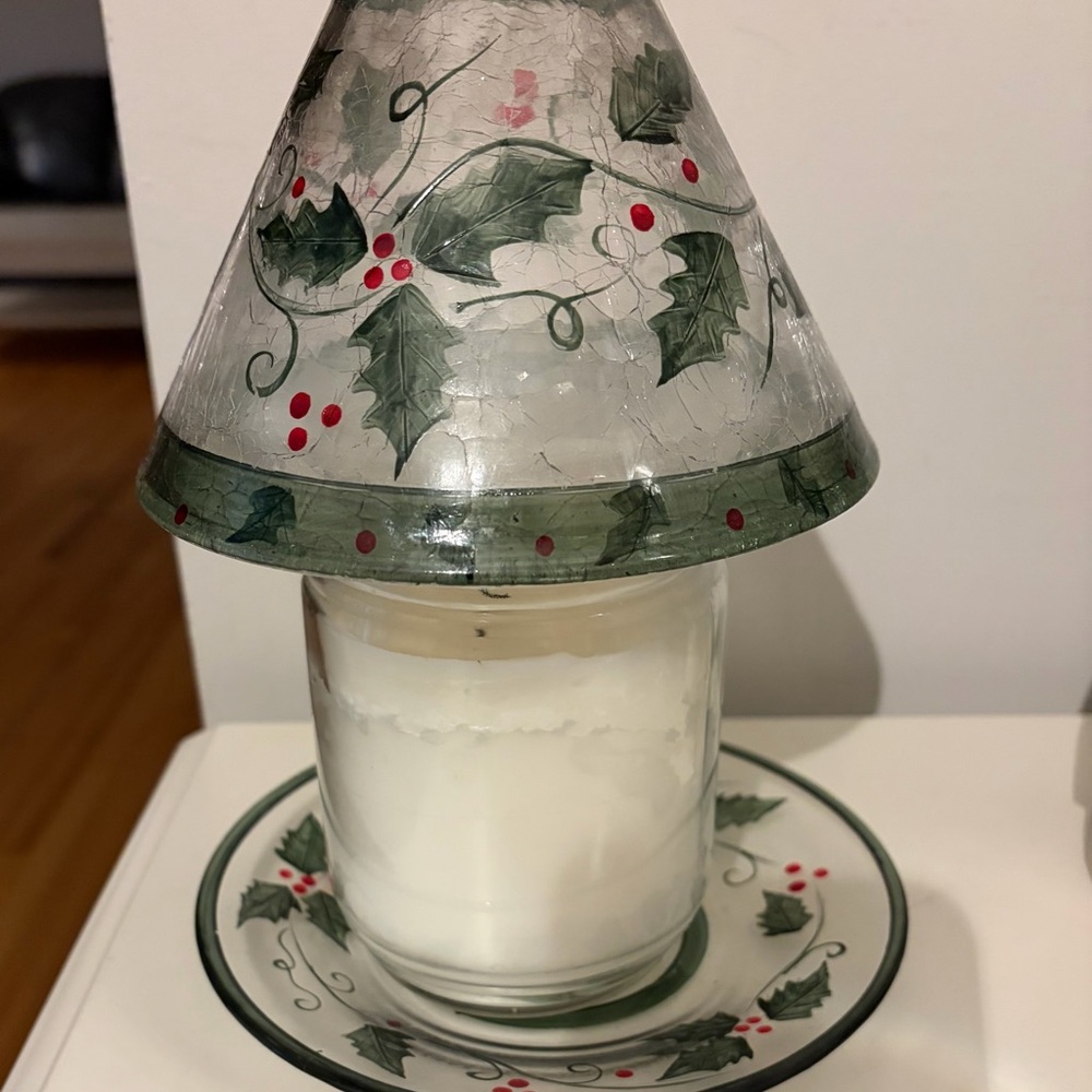 Yankee Candle Crackle Glass Shade Large Topper Green Holly Christmas